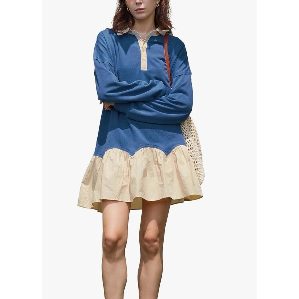V-Neck Oversized Sweatshirt Mini Dress Long Sleeves Patchwork Tunic Dress M